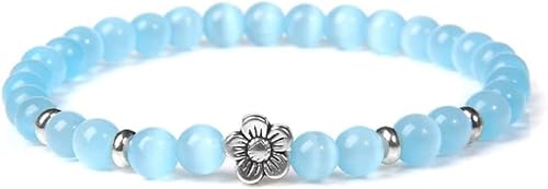 HEYONA Armband for Frauen, Freundschaftsarmband, Armbänder for Frauen, 6 mm Naturstein-Stretch-Armban d, Blauer Opal, mit Blumen, Perlenarmband, Edelstein-Freundschaftsar mband, verstellbar
