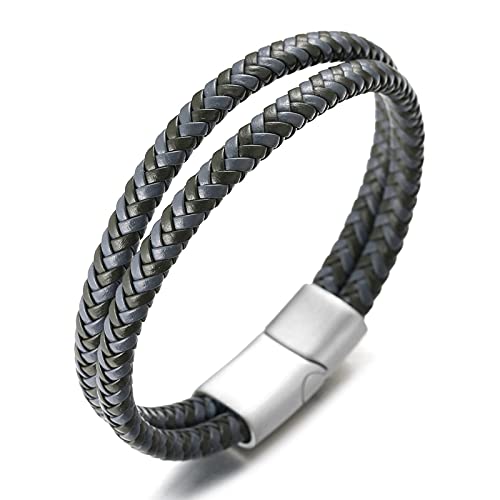 Halukakah ? Golf ? Herren Echtes Leder Grauer mischen Schwarz Geflochtenes Doppelt Wickeln Silber Magnetverschluss 21.5cm mit Kostenloser Geschenkbox