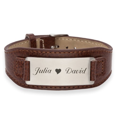 Maskulines Herrenarmband Lederarmband braun mit persönlicher Laser-Gravur auf dem Edelstahl-Schild, Länge von 17 - 22 cm einstellbar