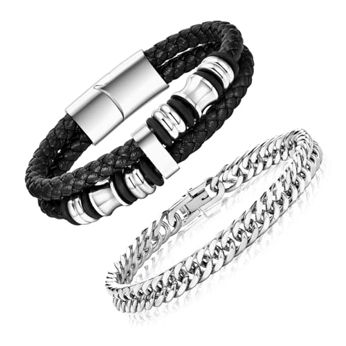 Armband Herren Lederarmband Edelstahl Valentinstag Jahrestag - Herren Armband Silber Armbänder für Herren Jungs 2er Set Herrenarmbänder Männer Schmuck Geschenk für DAD Freund Ehemann Bruder 21CM