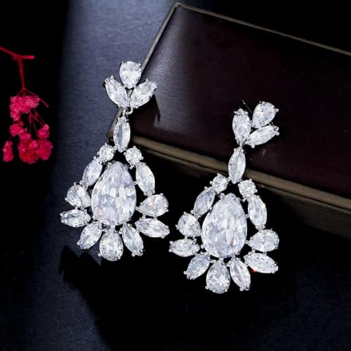 Funkelnde Zirkonia CZ Lange Blatt Tropfen Ohrringe Weißgold plattiert Frauen Geschenk