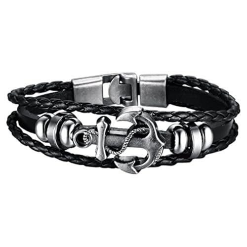 Hanessa Leder Surfer-Armband in Schwarz Anker Herren-Schmuck Edelstahl Geschenk zu Weihnachten für den Freund/Mann