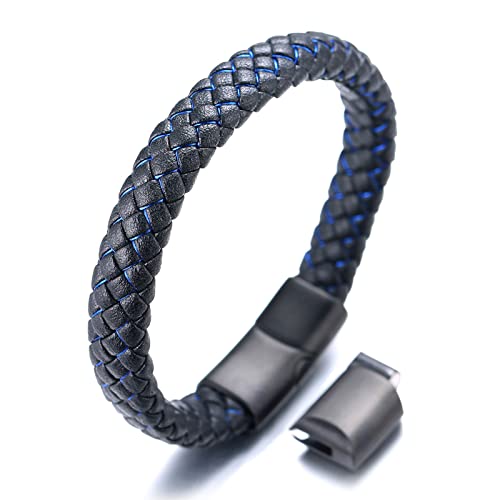 Halukakah Plus ? Jazz ? Herren Echtes Leder Handgemachtes Geflecht Schwarz Mix Blau Armband Titan Mattierter Magnetverschluss Größe Einstellbar 21.5-23cm mit KOSTENLOS Geschenkbox