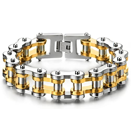 COOLSTEELANDBEYOND Klassiker Silber Gold Herren-Armband Fahrradkette Motorradkette aus Edelstahl Hochglanz Poliert