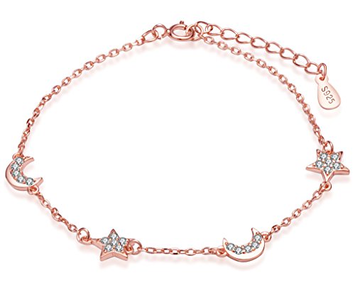 Unendlich U Glänzende Sterne Monde Damen Charm-Armband 925 Sterling Silber Zirkonia Armkette Verstellbar Armkettchen Armreif, Rosegold