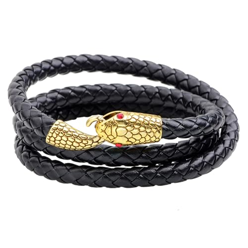 JewelryWe Schlange Leder Armband Herren: Vintage Gold Ouroboros Mehrschichtig geflochten Lederarmband Schlangenarmband Wikinger Amulett Multi-Turn Wickelarmband Biker Armreif