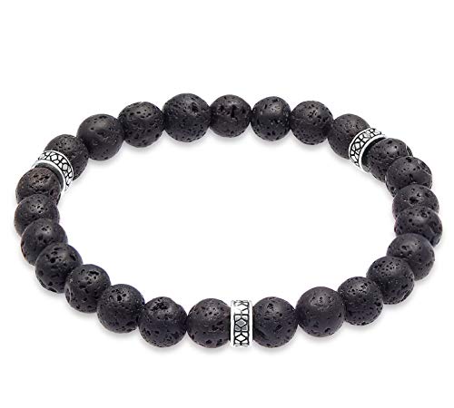 Kuzzoi Buddha Herren Naturstein Armband, Elastisches Steinarmband aus Lava Perlen (8 mm) mit Silber Beads aus 925 Sterling Silber Oxidiert für Männer, Länge 19 cm