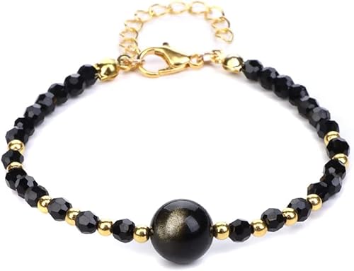 Armband for Frauen, Freundschaftsarmband, Armbänder for Frauen, 4 mm, facettiertes Steinperlenarmband, winziges natürliches Gold, Obsidian, Energie-Edelstein, Freundschaftsarmband, verstellbares Chakr