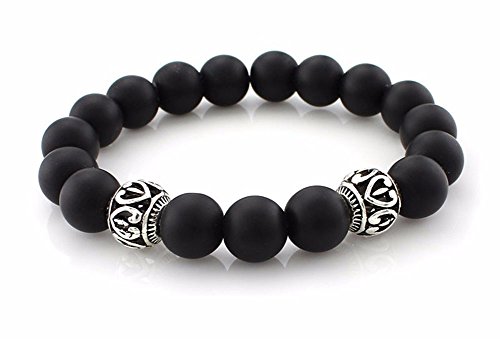 Achat Perlen schwarzes mattes poliertes Edelstein Armband mit Ornament Perlen silber Stein Yoga Herren Perlenarmband Edelsteine Freundschaftsarmband gothic hippie Perlenkette girls woman Damen