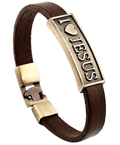 Epinki Herren PU Leder Armband mit Gravur I Love Jesus Retro Leder Handhandgelenk Armbänder Braun 21CM