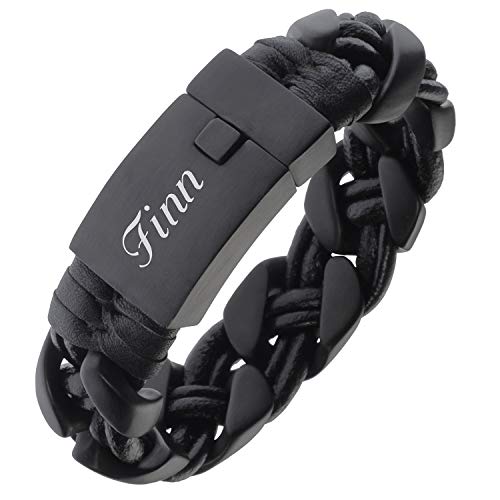 Schmuck-Pur Breites Männer Armband mit Laser-Gravur Lederarmband schwarz Edelstahl PVD schwarz matt 20 cm Innenumfang