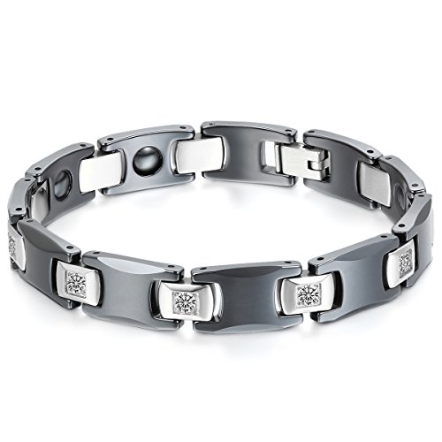 JewelryWe Schmuck Herren Armband, Lieben Freundschaftsarmband, I Rechteckig Link Magnet Charm, Zirkonia Diamant Edelstahl Keramik, Silber Schwarz