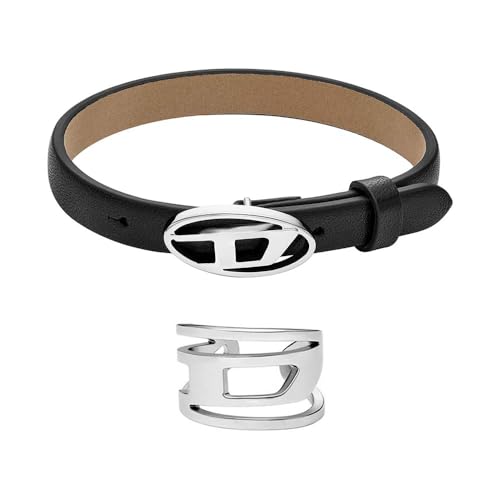 Diesel Herren Stackables Schwarzes Lederarmband und Silber-Ton Edelstahl Ohrringe, Set