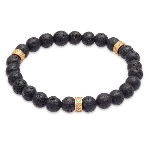 Kuzzoi Buddha Herren Naturstein Armband elastisch Edelstein Armband aus Lava Perlen (8 mm) mit Beads aus 925 Sterling Silber vergoldet für Männer Länge 21 cm