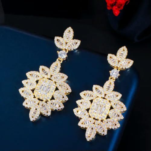 Top CZ Weißgold Große Lange Baumelnde Tropfen Blattform Hochzeitsohrringe für Bräute