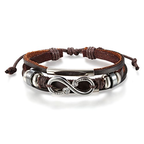JewelryWe Infinity Lederarmband Unendlichkeitszeichen Armband: Unendlichkeit Zeichen Herz Zirkonia Geflochten Leder Edelstahl Armreif Manschette, Braun Silber, Verstellbar Passend für 20~26cm