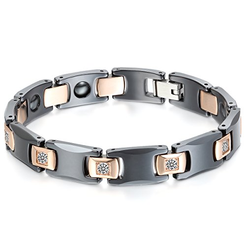 JewelryWe Schmuck Herren Armband, Lieben Freundschaftsarmband, I Rechteckig Link Magnet Charm, Zirkonia Diamant Edelstahl Keramik, Rose Gold Schwarz