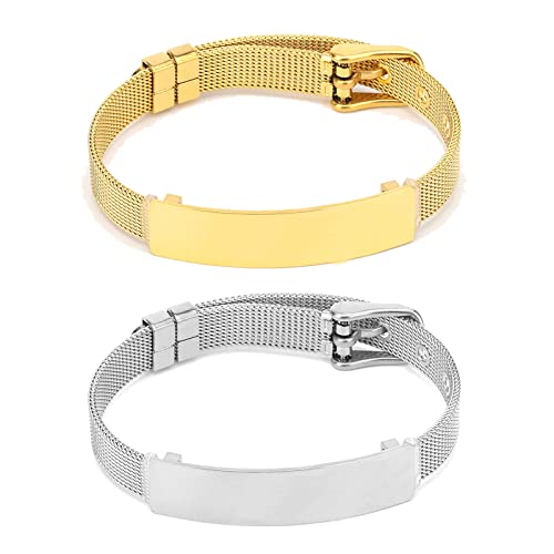 JewelryWe Schmuck 2pcs Armband Herren Damen Edelstahl ID Tag Mesh Armreif Manschette Verstellbar Geschenk für Männer Frauen Silber/Gold