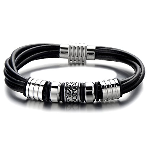 COOLSTEELANDBEYOND Herrenarmband Leder-Armband Damenarmband Schwarz Echtes Leder Armreif mit Magnetverschluss