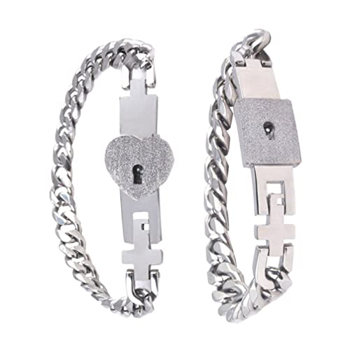 USHOBE Paare Stainless Steel Couple Bracelet Chain Bracelets Concentric Square Heart Lock Bangles Lover Heart Wrist Chain for Lovers Friendship Jewelry (Silver) Herzschloss- Armband