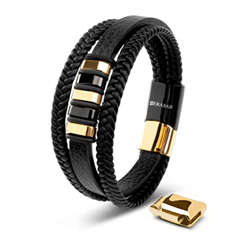 SERASAR Armkette Herren 23cm Schwarz Gold Männer-Armband Leder-Armreif Herrenarmreif Armschmuck Leder-Schmuck Herrenschmuck Armkette Flecht-Armband Leder-Wickelarmband Armbändchen Men Leather Bracelet