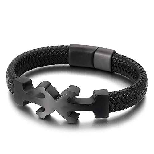 MOBEBI Armband, Geschenk, Fußkettchen, Herren-Anker-Lederarmband , gotisches Vintage-Anker-Armband aus geflochtenem Edelstahl, Gold, 21 cm (Color : Black)