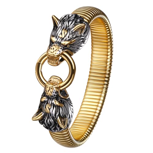 JewelryWe Wikinger Wolf Armband Herren: Gold Silber Edelstahl Gegenüber Wolfskopf Chunky Elastisches Armreif Stretcharmband mit Ring Vintage Punk Hip Hop Manschette Viking Amulett Schmuck Geschenk