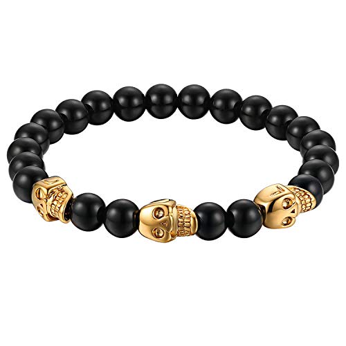 Flongo Herren Armband, 8mm Glas Edelstahl Armband Armreif Link Handgelenk Silber Schwarz Gold Totenkopf Schädel Gebet Kugel Perle Perlen Punk Biker Herren