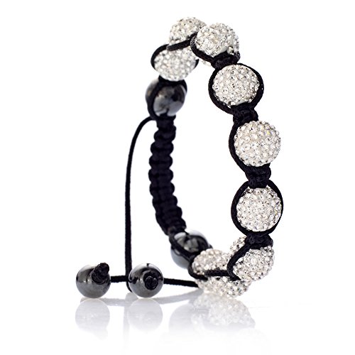 Karisma Shambala Damen Armband 10 mm Kristalkugeln mit Kristall Elements in Weiss und Stoff Schwarz