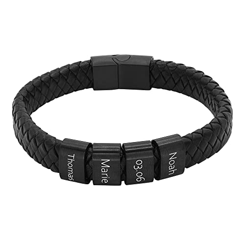 Heideman Armband Herren aus Leder schwarz matt Lederarmband mit 4 Gravurplättchen Titus für Männer Leder Schwarz Länge 23cm