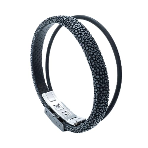  Premium Rochen Naturbernstein Granulat – Unisex Lederarmband für Damen und Herren – Vollkeramik Schließe, schwarzes Kautschukband