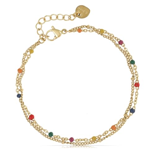 Made by Nami Zweireihiges Armband Damen Gold aus Edelstahl mit bunten Perlen 20 + 5 cm Länge Wasserfest Chakra Schmuck (Bunt)