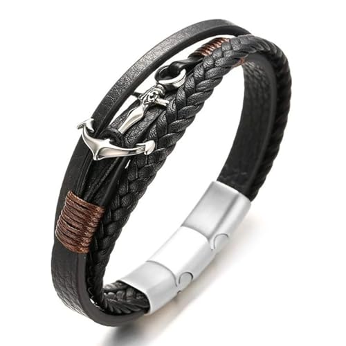 Halukakah Plus ? Segeln ? Herren-Armband Handgefertigt | Echtleder Schwarz | Magnetverschluss Edelstahl | Wickelarmband 3 Runde | Titan Anker | KOSTENLOS Geschenkbox | Größe Einstellbar 21.5cm-23cm