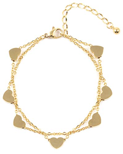Happiness Boutique Damen Herz Armband in Goldfarbe | Mehrreihiges Armband Zarte Armkette Schmuck aus Titan