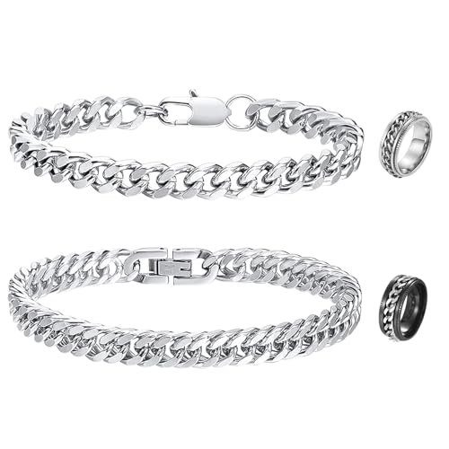FCXQG 2 Pcs Armband Herren Silber Edelstahl Armband Herren Armband Herren Edelstahl Silber Armband Männer Armkette Herren Silber Panzerarmband Herren Silber Armband Kette Herren Mit 2 Die Ringe