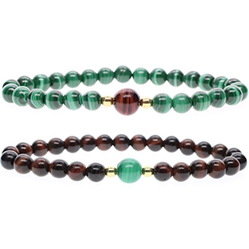 COAI Geschenkideen Unisex Edelsteinarmband aus Malachit und Rotes Tigerauge Partner Armbänder/Freundschaftsa rmbänder in Größe M