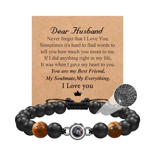 CheersLife Valentinstag Geschenke für männer 8mm Perlenarmband aus Onyx Natursteinperlen Tigerauge ICH LIEBE DICH Projektionsstein 100 Sprache Armband Partner Geschenke für ihn Geschenk für Ehemann