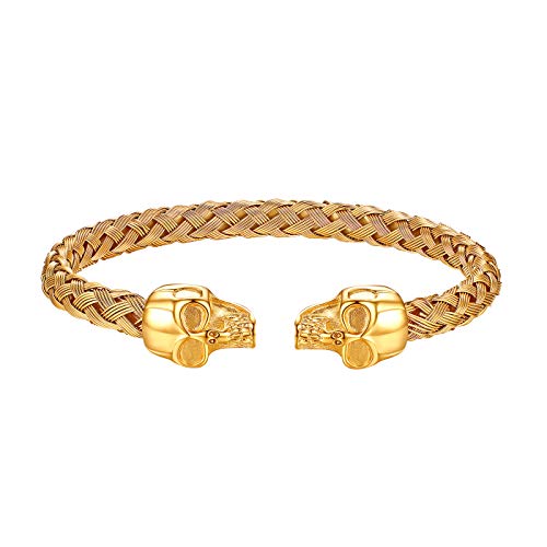 JewelryWe Schmuck Herren Armband, Gegenüber Totenkopf Schädel Draht geflochten Offen Armreif Armspange, Edelstahl, Gold