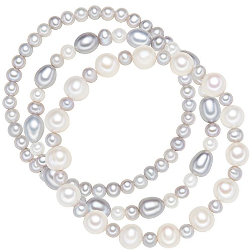 Valero Pearls 3-er Damen-Armband Set elastisch Hochwertige Süßwasser-Zuchtperlen in ca. 5-8 mm Oval weiß/silbergrau 19 cm - Perlenarmbänder mit echten Perlen grau weiss 60020050