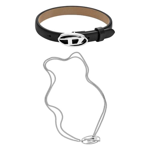 Diesel Herren Stackables Schwarzes Lederarmband und Silber-Ton Edelstahl Halskette, Set