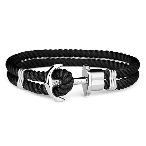 PAUL HEWITT Anker Armband PHREP - Segeltau Armband in Schwarz, Armband mit Anker Schmuck aus Edelstahl (Silber) in Größe L