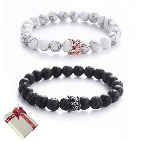 Huture Paare Naturstein Armbänder König und Königin Krone 8 mm Geschenkbox Liebhaber Paar Partner Geschenke, Bereift Schwarz Achat Weiß