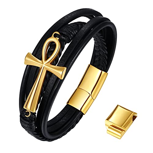 JewelryWe Schmuck Herren Lederarmband, Retro Ägyptische Ankh Kreuz Edelstahl Leder Armband Armreif Manschette, Schwarz Gold