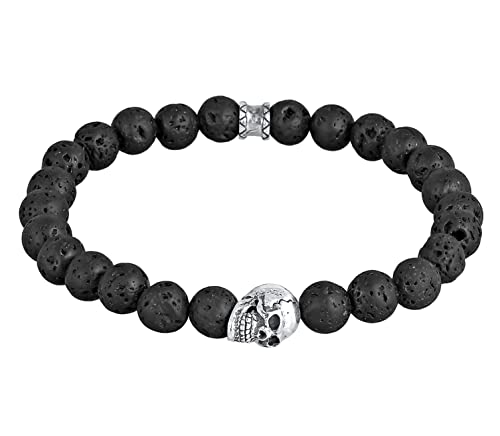 Kuzzoi Buddha Herren Armband mit Lava Stein (schwarz) Schmuckstein-Perlen, Totenkopf Bead aus 925 Sterling Silber, Chakra Yogaarmband, Energiearmband, Länge 19 cm