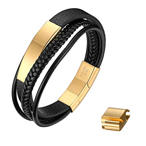 JewelryWe Lederarmband Herren Leder Armband: Schwarz Mehrschichtig Geflochten Manschette Armreif mit Gold Edelstahl Gravurplatte & Magnetverschluss Verstellbar Wickelarmband Punk Biker