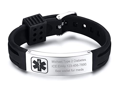 VNOX Edelstahl Anpassung Personalisierte Medizinische Alert ID Einstellbare Silikon Manschette Armband, Silikon Edelstahl