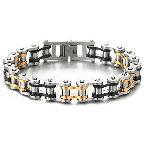 COOLSTEELANDBEYOND Klassiker Herren-Armband Silber Schwarz Gold Fahrradkette Motorradkette aus Edelstahl mit Schließe