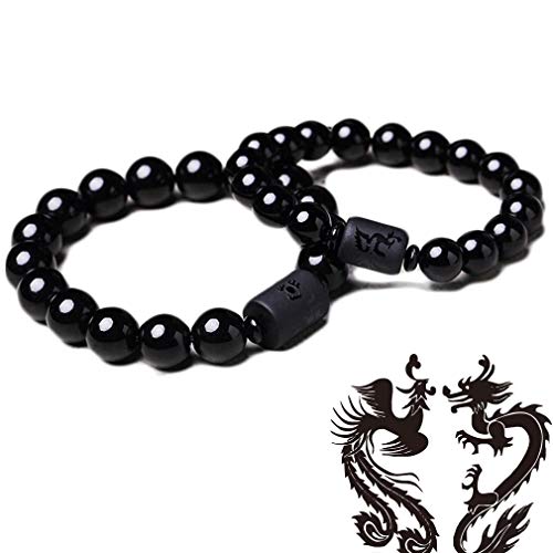EEzyzy Schwarzer Obsidian Drache Phoenix Perlen Paare Liebhaber Armreif Armband Schmuck 2St. (Drache + Phönix)