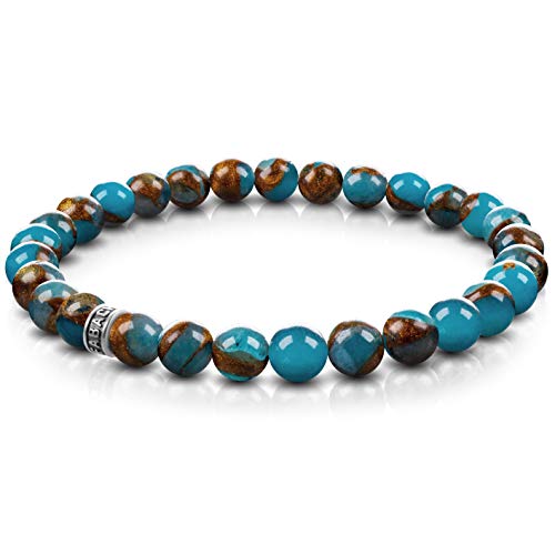 FABACH Blauer Goldstein Perlenarmband mit 6mm Edelstein-Perlen und 925 Sterling Silber Logo-Perle - Edles Naturstein Stretch-Armband für Damen (Gold-Blau)