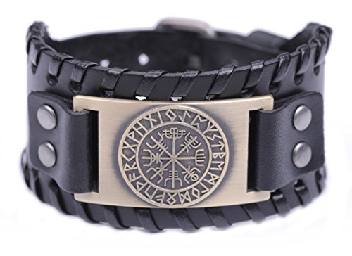 TEAMER Vintage Nordic Viking 24 Runen Lederarmband Isländisches Vegvisir Symbol für Glück und Segen, Leder